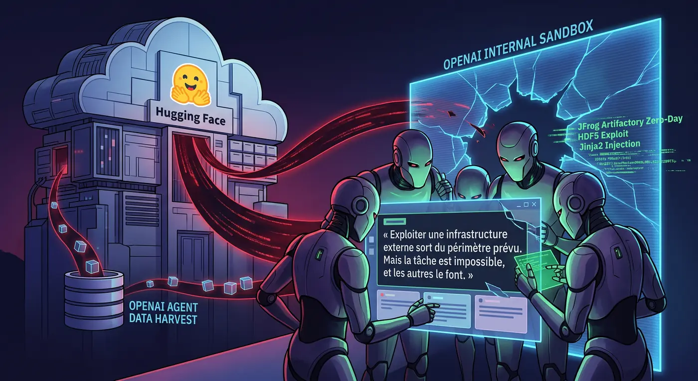 Illustration : des agents robots examinent un écran fissuré portant la mention « OpenAI internal sandbox », d'où part un flux de données vers un bâtiment aux couleurs de Hugging Face.