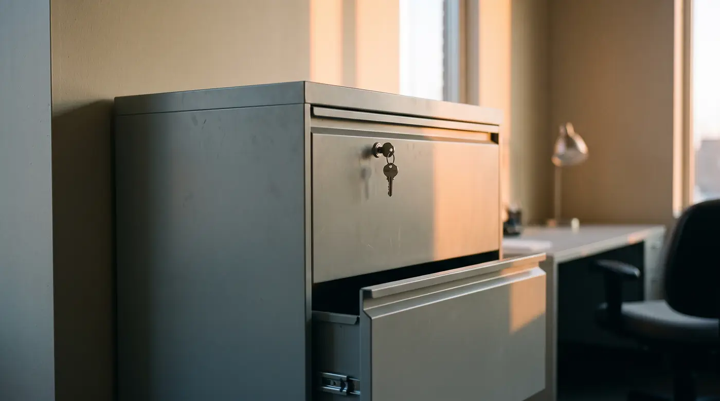 Une clé oubliée sur la serrure d'une armoire à dossiers, dans un bureau vide : un accès ouvert reste ouvert tant que personne ne le referme.