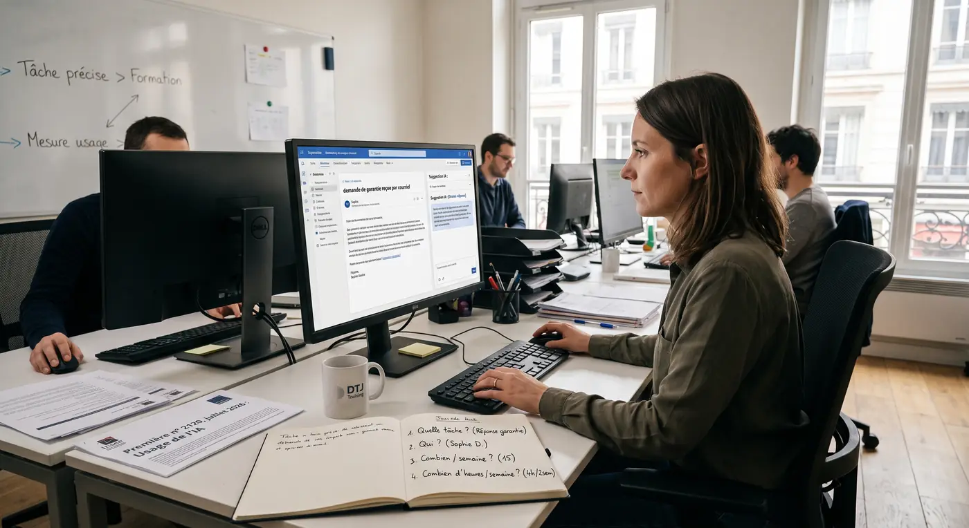 Dans un bureau, une salariée traite un courriel avec l'aide d'une suggestion d'IA ; devant elle, un carnet liste les questions à se poser avant de décider d'une formation.