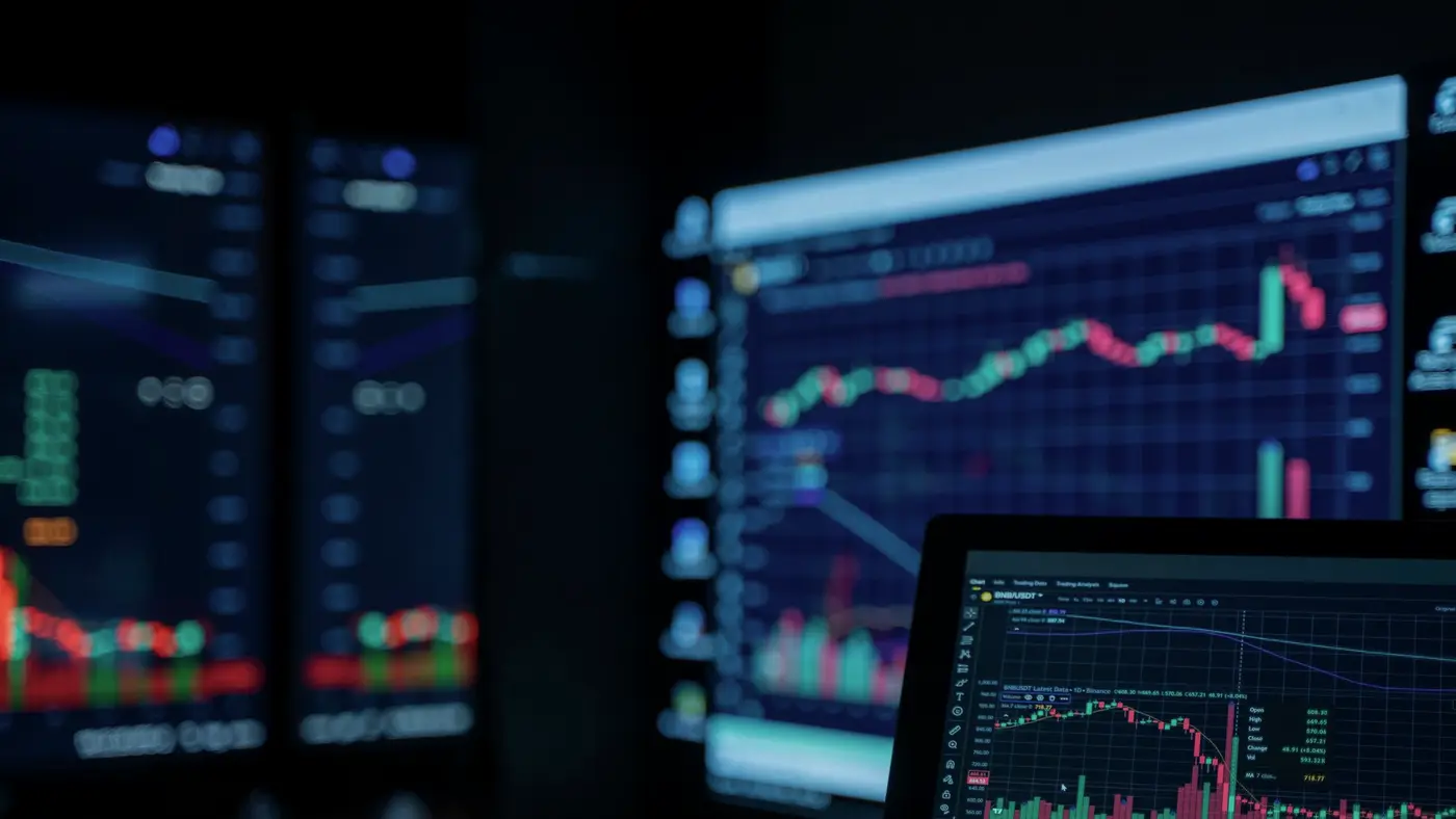 Ambiance de marché financier, illustrant l'envolée de l'IA en bourse.