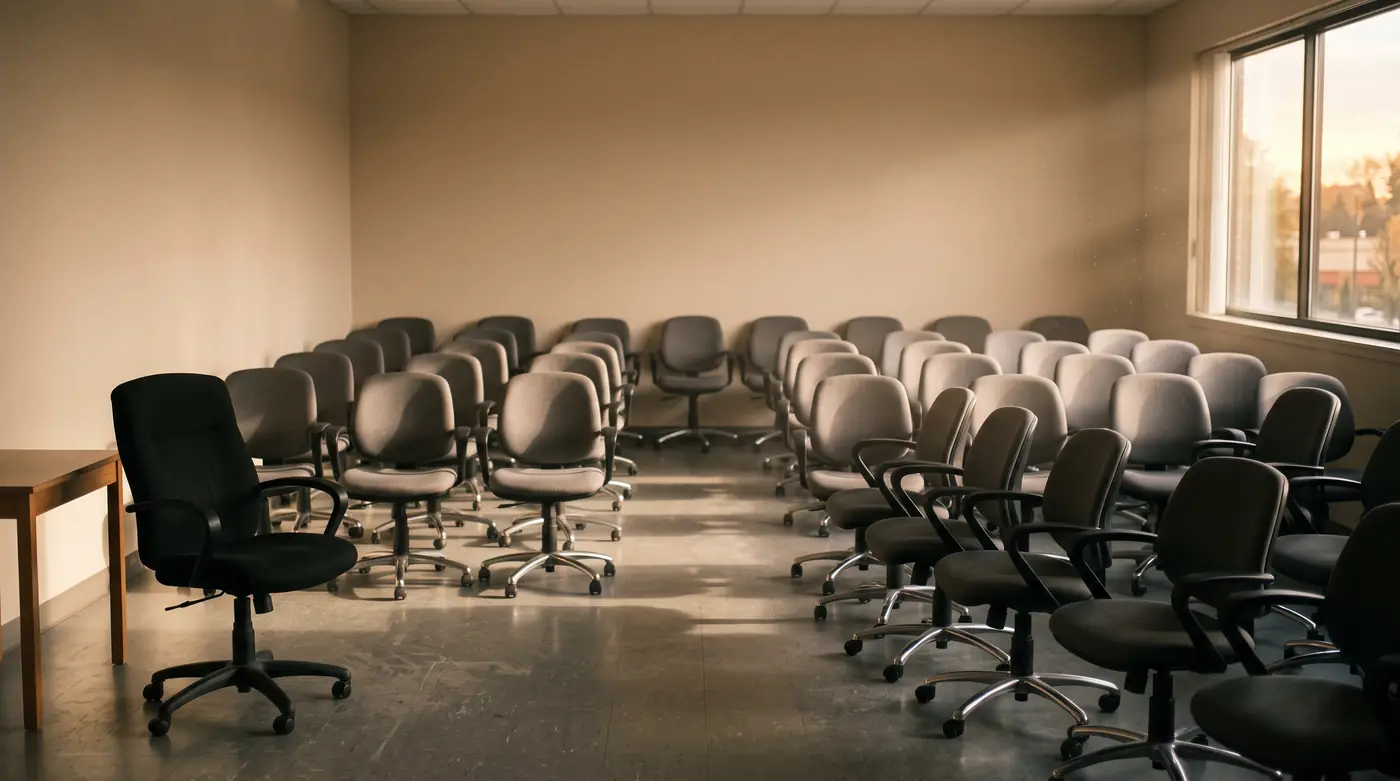 Une salle de formation vide en fin de journée ; la chaise du formateur, seule face aux rangées, rappelle que la décision finale reste celle d'une personne.